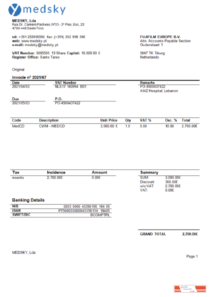 Portugal Medsky Lda company invoice PSD template